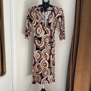 Vintage Bisou Bisou Geometric Patterned Brown Wrap Dress